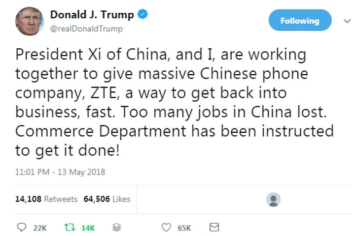 Trump Tweet Could Save 75,000 ZTE Jobs as China-US Trade Talks Resume This Week